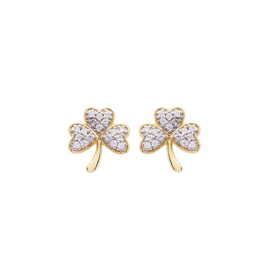 14KT Gold Vermeil Stud Shamrock Earrings with White Cubic Zirconias