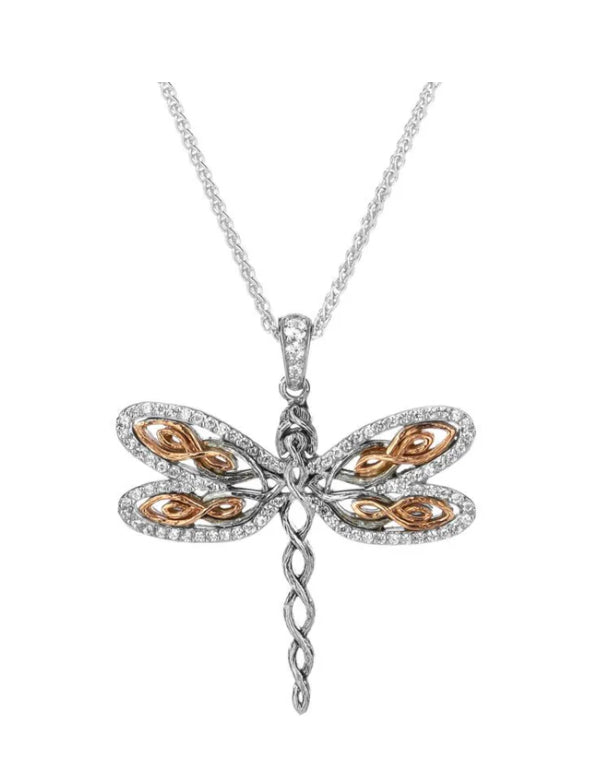 Silver and 10k Gold or Rose Gold Dragonfly Pendant with Cubic Zirconia