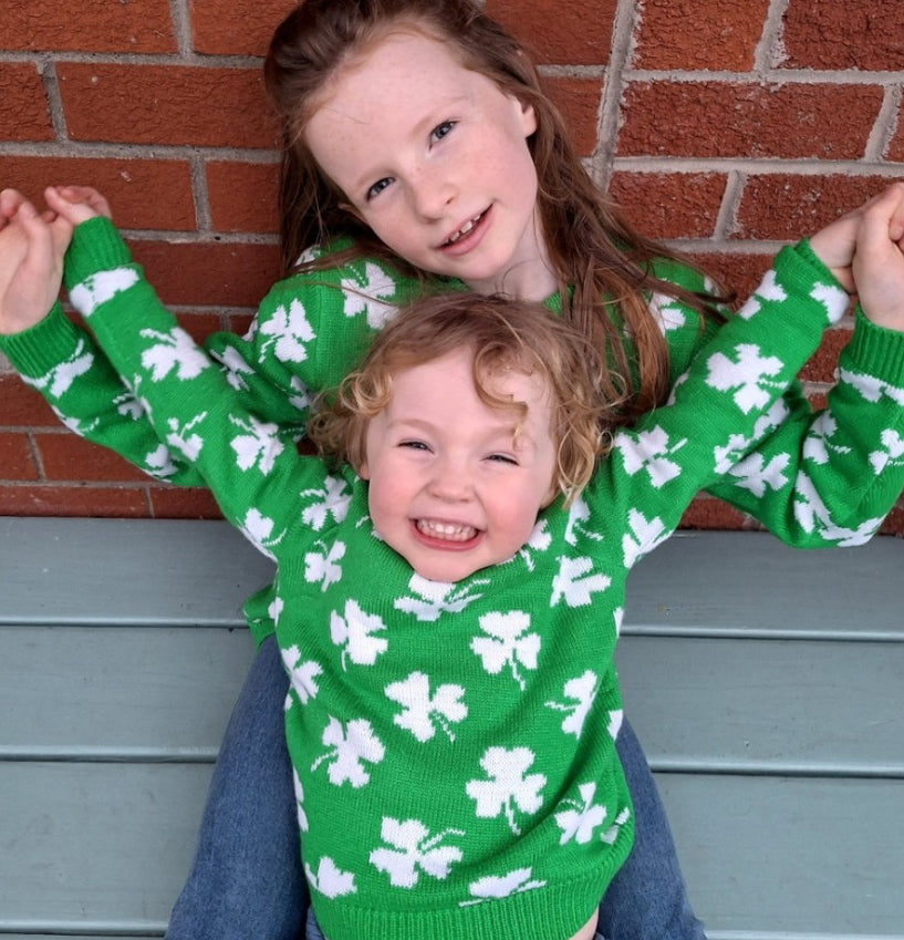 Shamrock All Over Knit Kids Jumper in Green & Cream