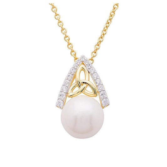 GV6 -14KT Gold Vermeil Pearl/CZ Trinity Knot Necklace