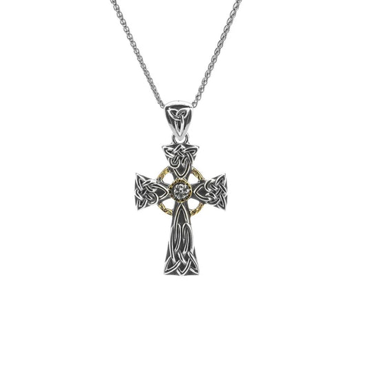 Silver and 10k Gold Celtic Cross Pendant Small- White Sapphire