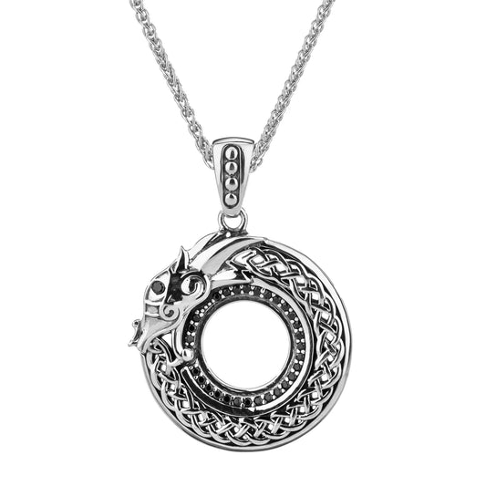 Silver Round Dragon Pendant-Black Cubic Zirconia