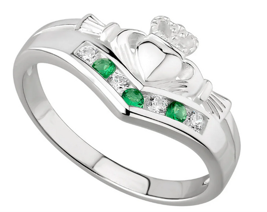 S2751 - Emerald & Cubic Zirconia Claddagh Wishbone Ring