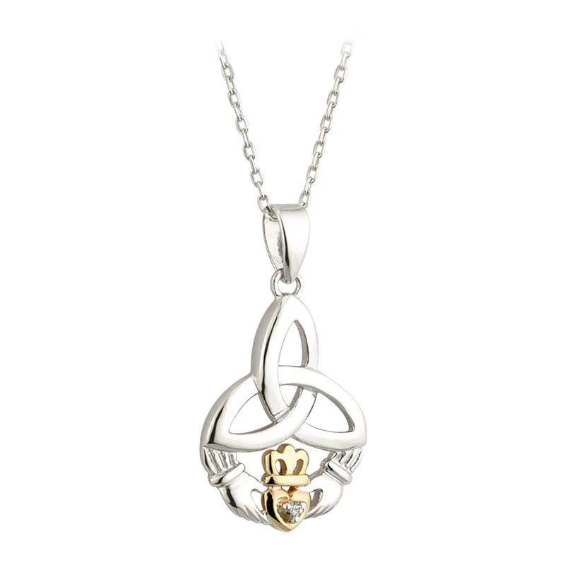 Silver 10K Gold & Diamond Trinity Knot Claddagh Pendant