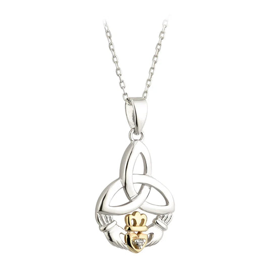 Silver 10K Gold & Diamond Trinity Knot Claddagh Pendant