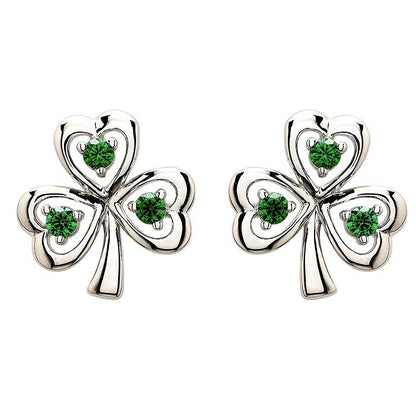 Sterling Silver Cubic Zirconia Emerald Stud Shamrock Earrings