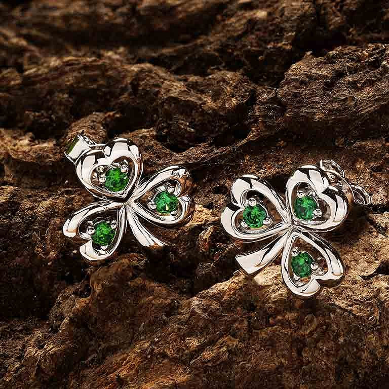 Sterling Silver Cubic Zirconia Emerald Stud Shamrock Earrings