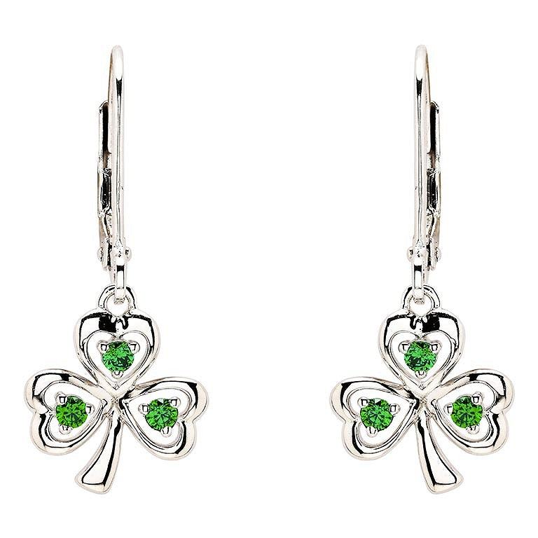 Sterling Silver Cubic Zirconia Emerald Drop Shamrock Earrings