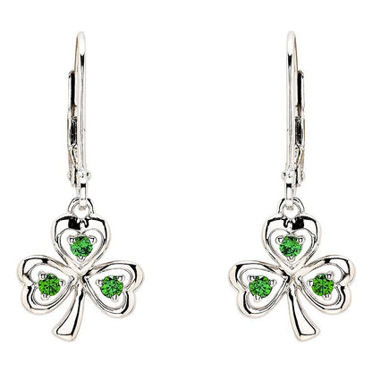 Sterling Silver Cubic Zirconia Emerald Drop Shamrock Earrings