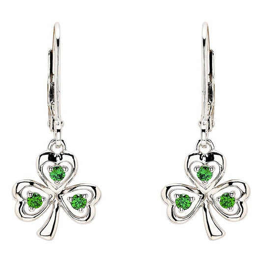 Sterling Silver Cubic Zirconia Emerald Drop Shamrock Earrings