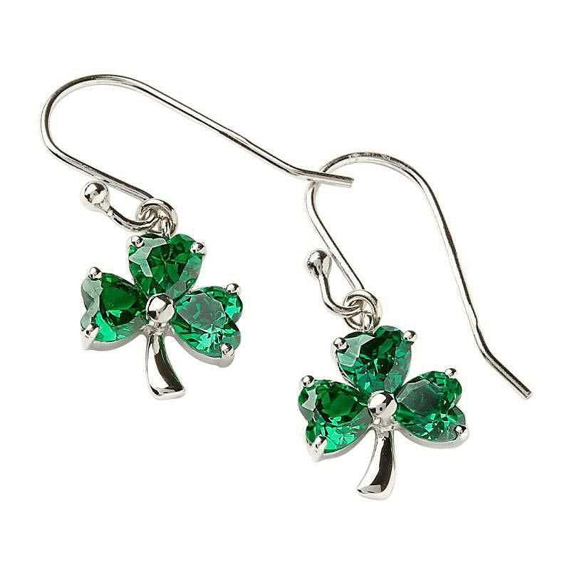 Stone Set Shamrock Silver Green Earrings