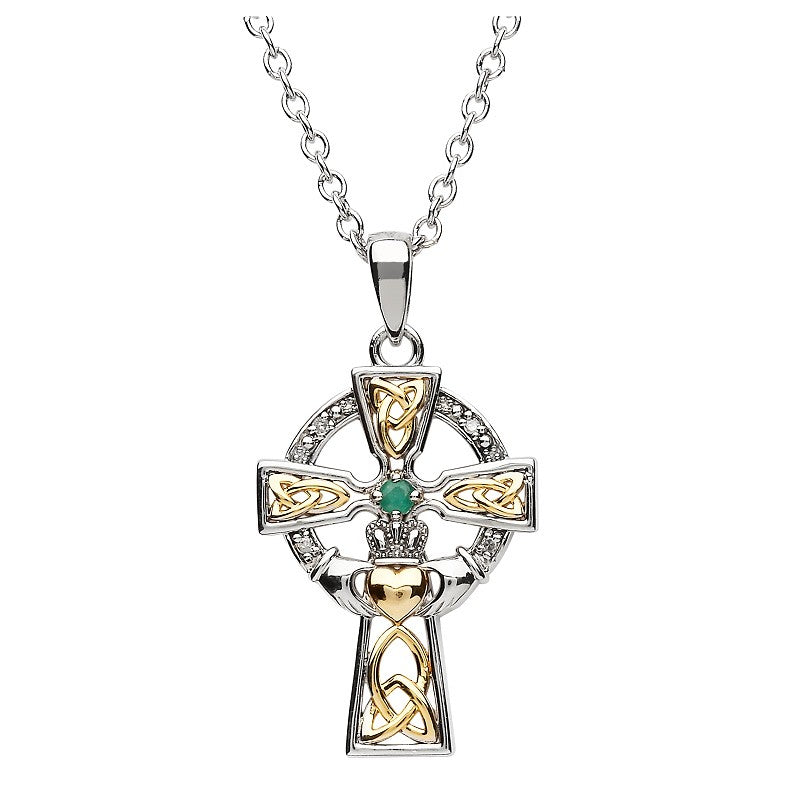 Sterling Silver Gold Plate Emerald Diamond Celtic Cross