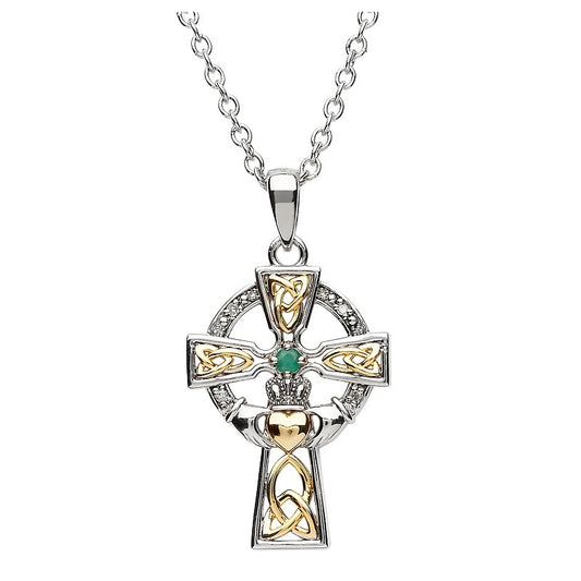 Sterling Silver Gold Plate Emerald Diamond Celtic Cross