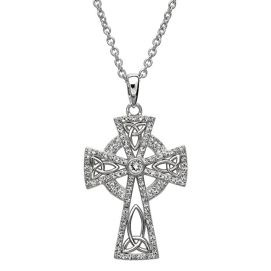 Sterling Silver Celtic Cross White Crystal Pendant Swarovski