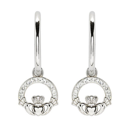 Sterling Silver Crystal Claddagh Hoop Earrings