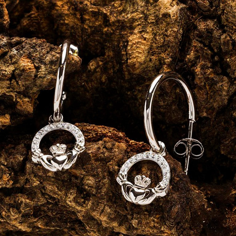 Sterling Silver Crystal Claddagh Hoop Earrings