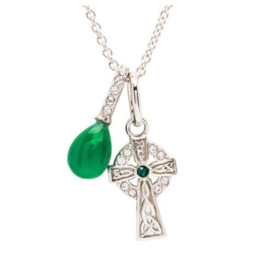 Sterling Silver White Emerald Crystal and Green Agate Celtic Cross Necklace