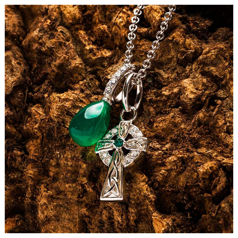 Sterling Silver White Emerald Crystal and Green Agate Celtic Cross Necklace