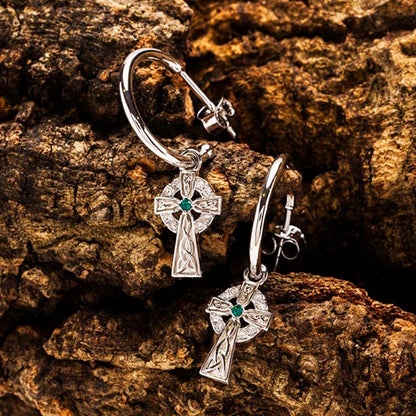 Sterling Silver Crystal Cross Hoop Earrings