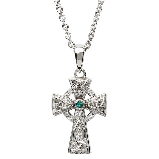 SW65 - Celtic Cross Necklace with Crystals, Sterling Silver with Green Stone