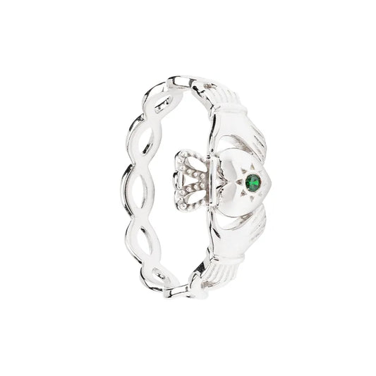 SL116 Sterling Silver Claddagh Ring with Green Cubic Zirconia