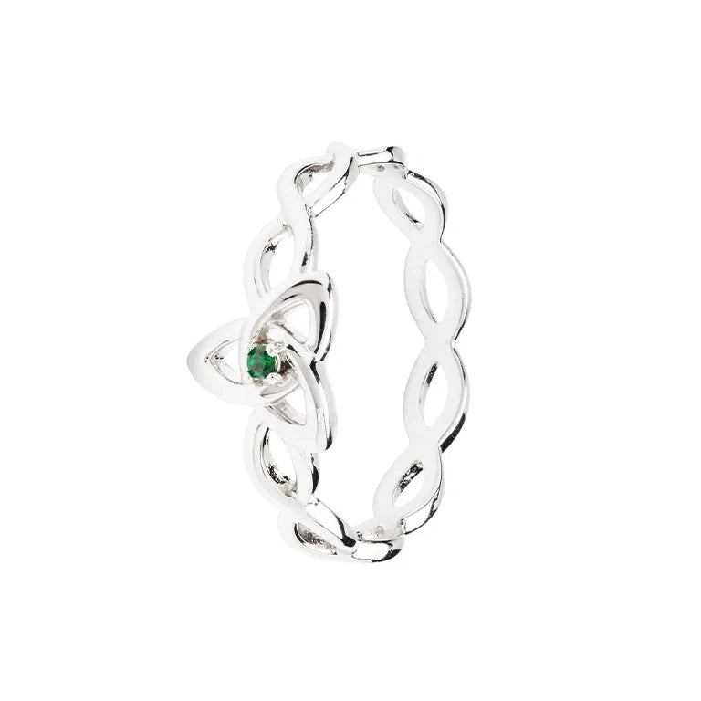 SL117 Sterling Silver Trinity Knot Ring with Green Cubic Zirconia