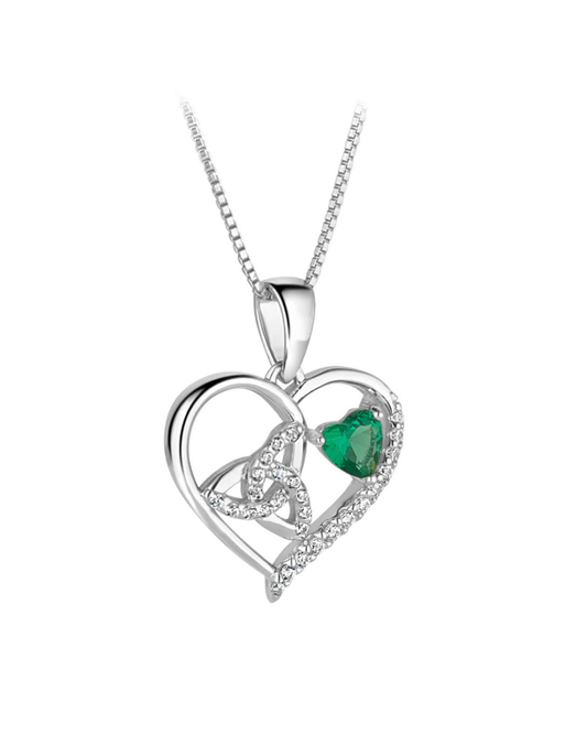 Sterling Silver Green Cubic Zirconia Trinity Knot Heart Necklace